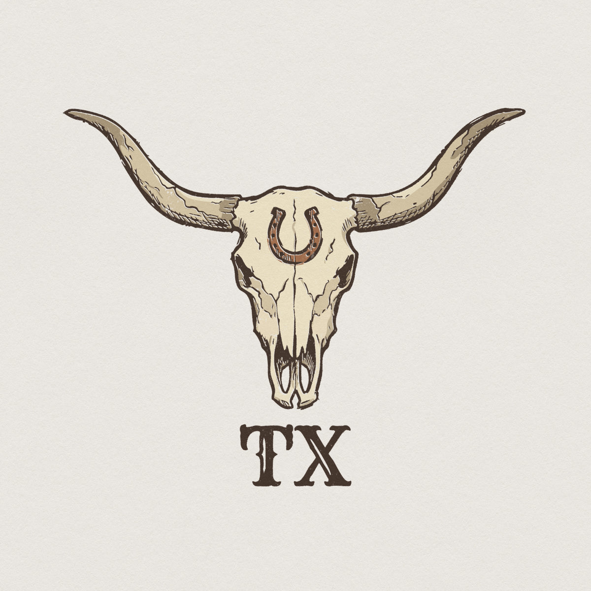 Rustic Texas longhorn steer skull with a horseshoe and TX text, hand-drawn western digital design for t-shirt sublimation and farmhouse decor.