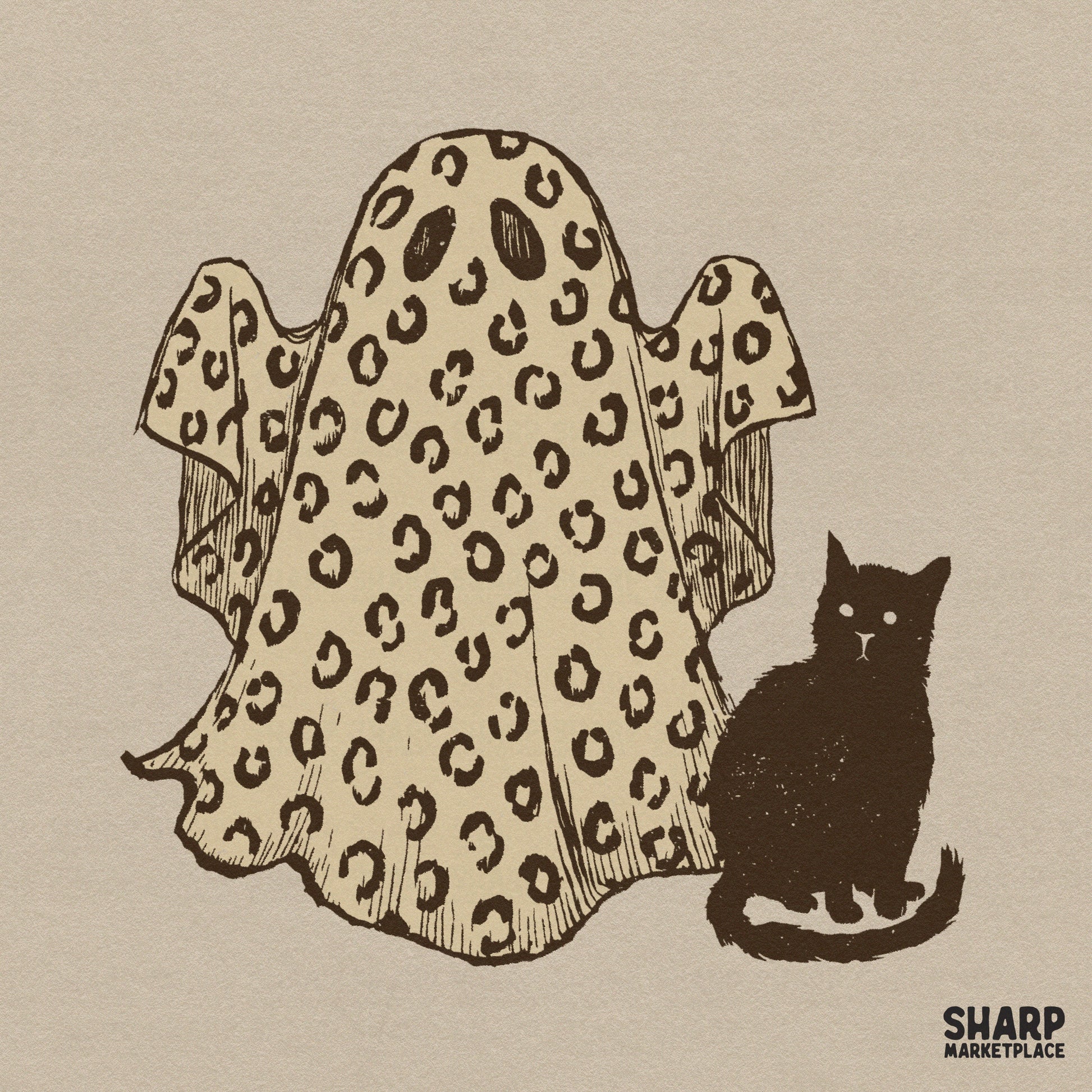 Leopard print ghost and black cat illustration for trendy Halloween sublimation designs and spooky season shirts