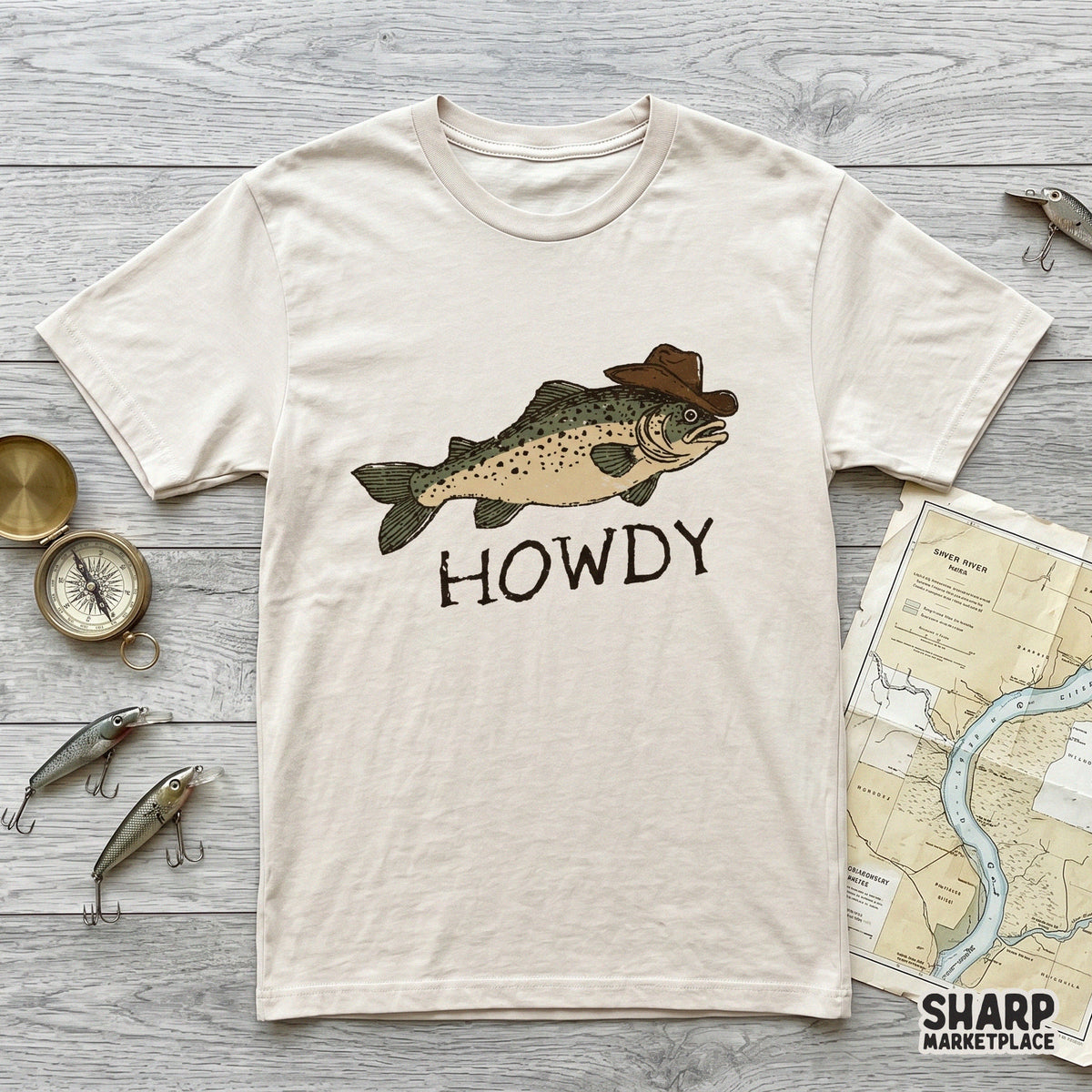 Funny western fish illustration with a brown cowboy hat and Howdy text, designed as a transparent PNG for sublimation, stickers, and custom apparel.