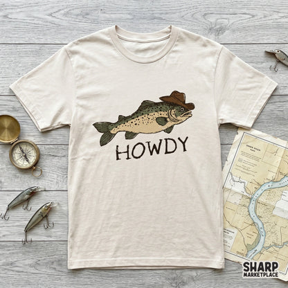 Funny western fish illustration with a brown cowboy hat and Howdy text, designed as a transparent PNG for sublimation, stickers, and custom apparel.