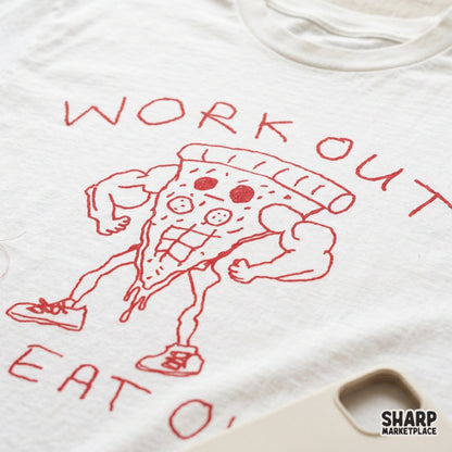Retro-inspired fitness design featuring a muscular pizza slice with defined abs and the text Workout To Eat Out for unique DIY apparel and crafts.