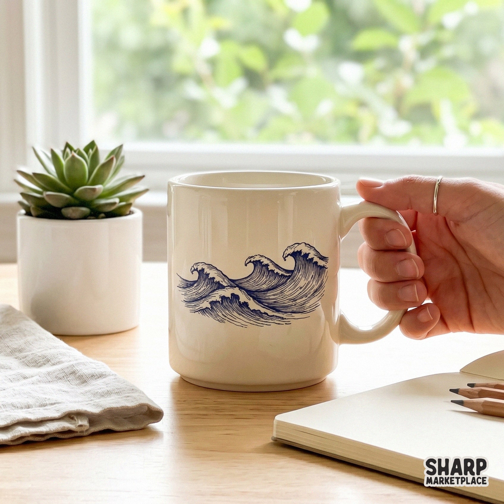 Aesthetic vintage ocean waves sketch in a retro Japanese style for trendy summer beach shirt designs and apparel