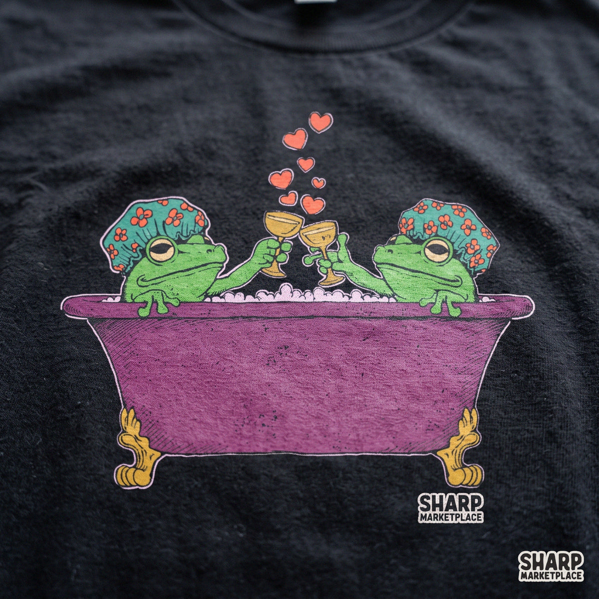 Two Frogs in Bathtub Toasting Champagne Graphic, Cute