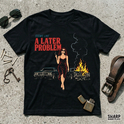 Sarcastic retro PNG of an unbothered woman in a red dress near a car fire for funny shirt designs