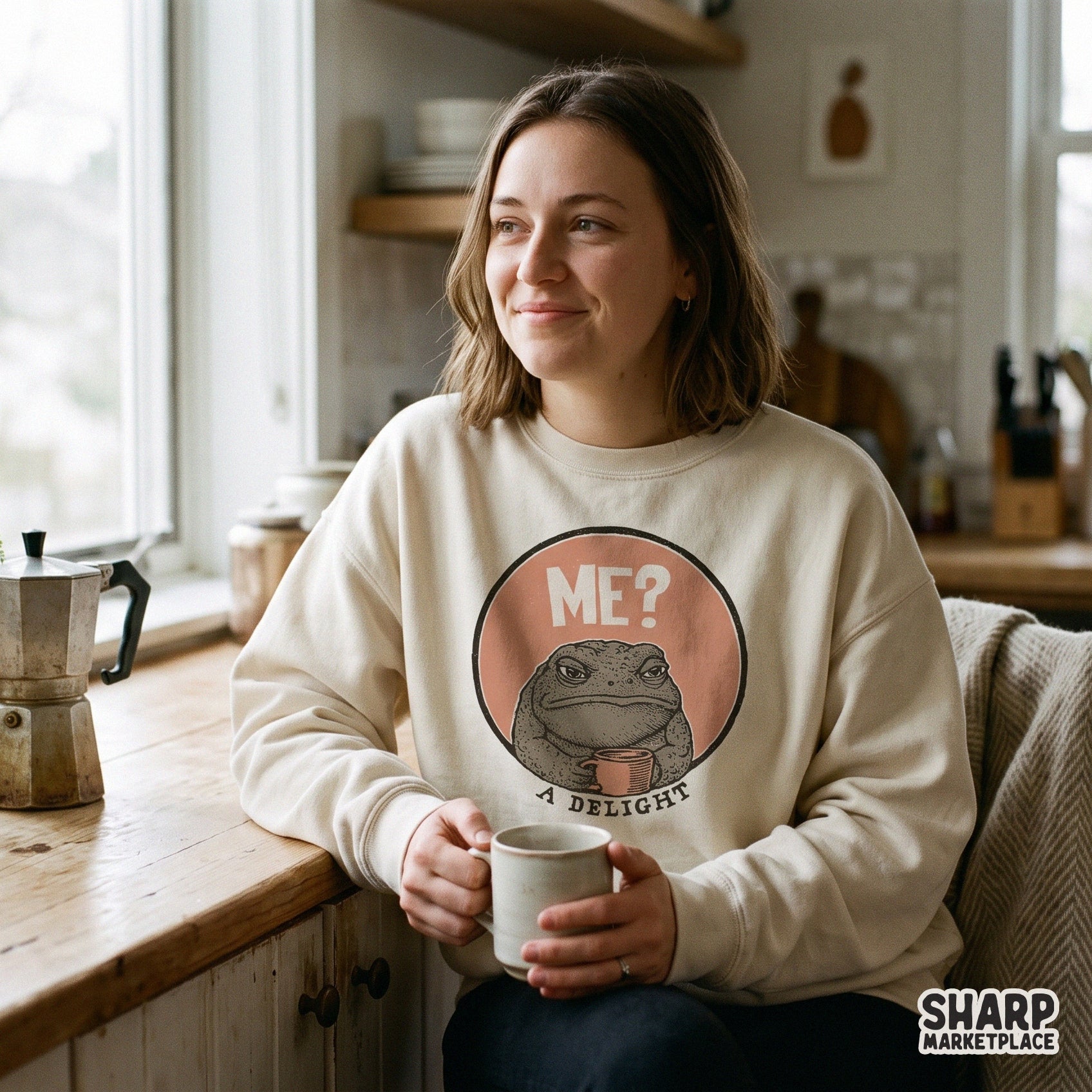 Funny grumpy toad holding a coffee mug sarcastic png sublimation design for trendy humor shirts