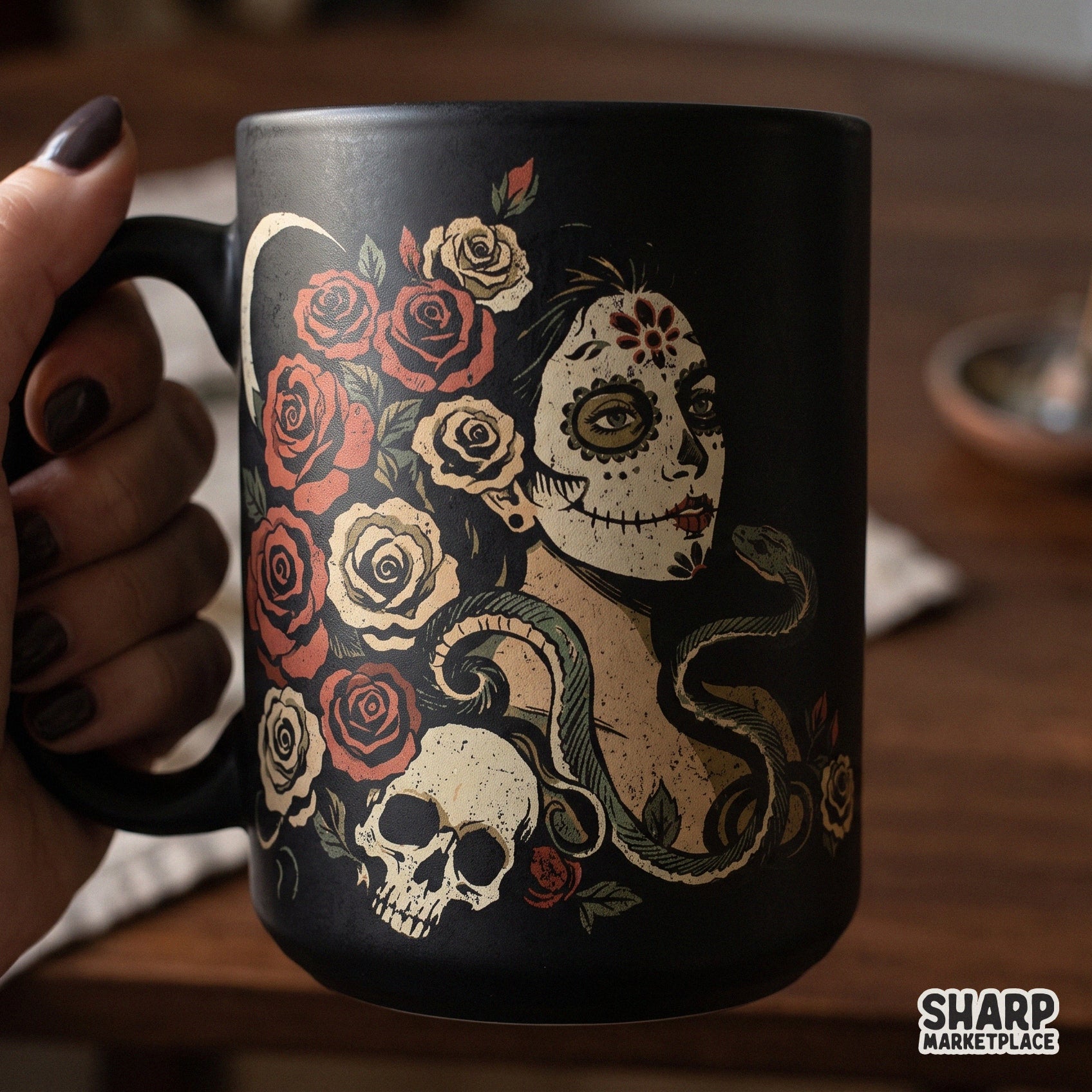 Sugar skull woman with roses and snake gothic halloween png sublimation design