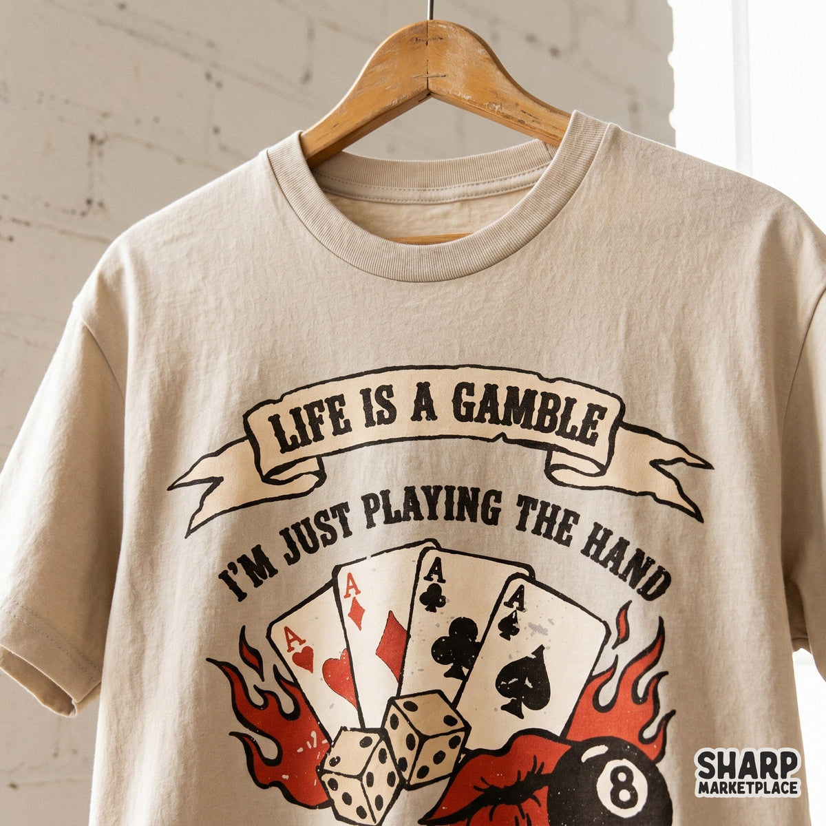 Gritty gambling themed digital illustration with four aces, red lips, and dice, perfect for custom stickers, tumblers, or retro style clothing prints.