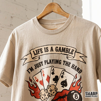 Gritty gambling themed digital illustration with four aces, red lips, and dice, perfect for custom stickers, tumblers, or retro style clothing prints.