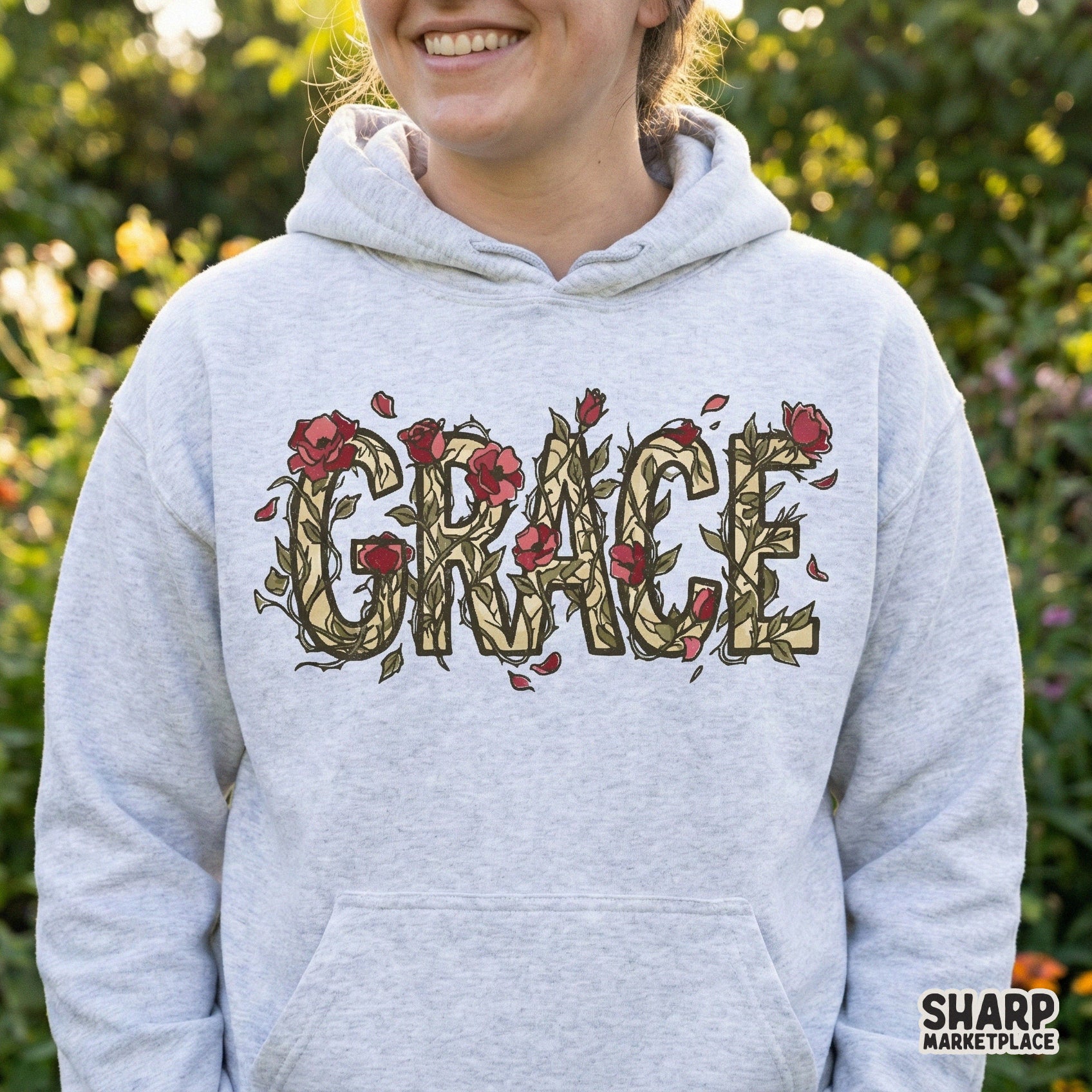 Grace Floral Word Art Shirt, Botanical Rose Tee - 300 DPI Design for