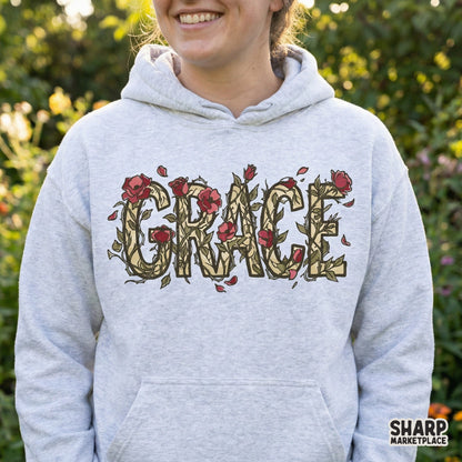 Grace Floral Word Art Shirt, Botanical Rose Tee - 300 DPI Design for