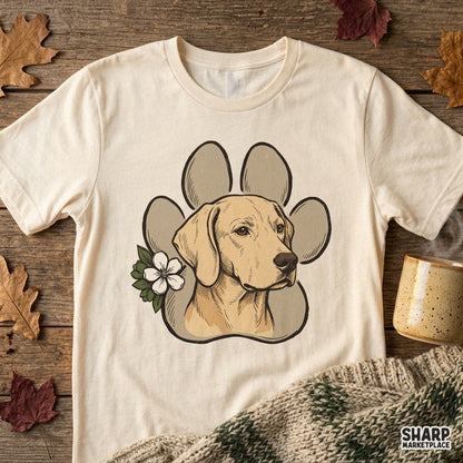 Yellow lab face over a spring floral paw print sublimation PNG graphic for dog mom t-shirts and gifts