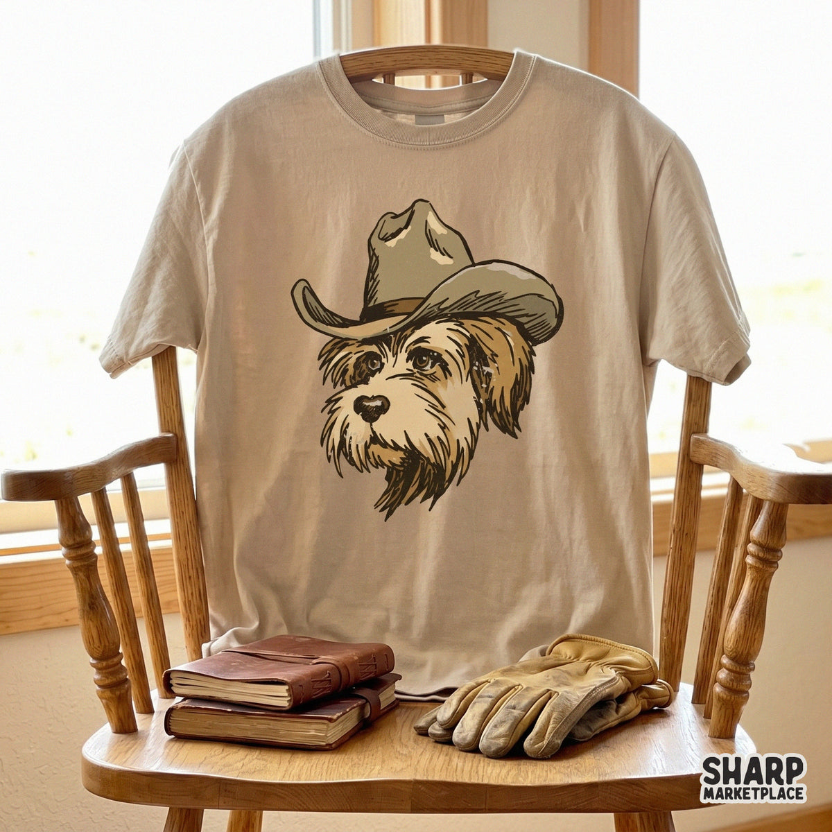Rustic western illustration of a scruffy puppy wearing a cowboy hat, featuring detailed fur linework and a tan color palette for DIY stickers or tumblers.