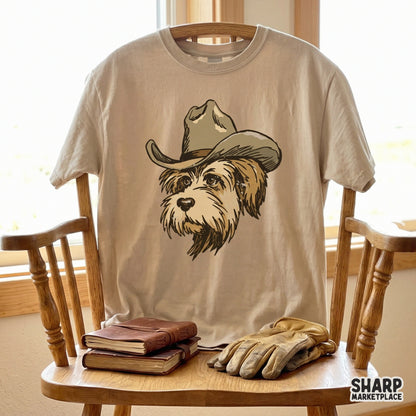 Rustic western illustration of a scruffy puppy wearing a cowboy hat, featuring detailed fur linework and a tan color palette for DIY stickers or tumblers.