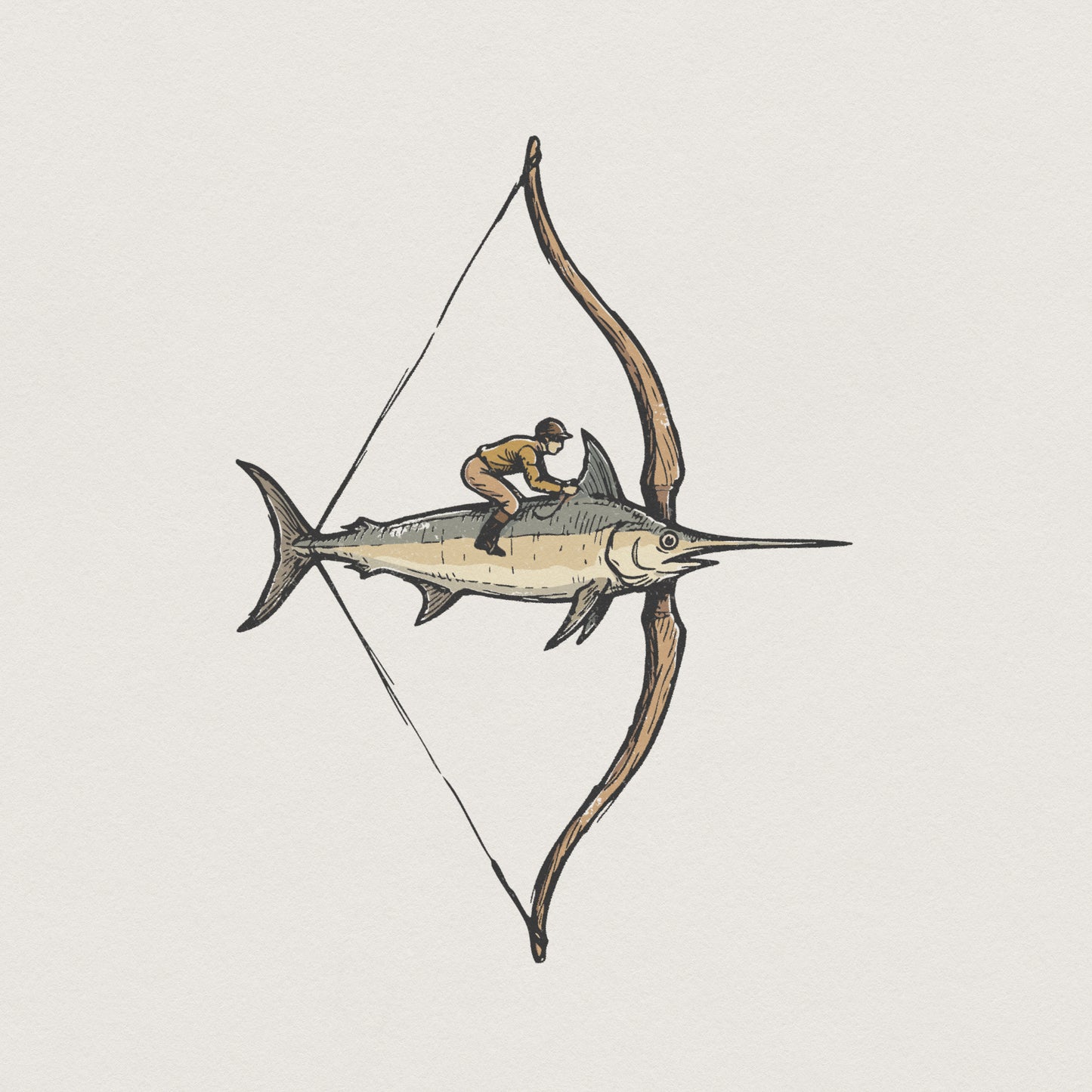 Vintage style illustration of an adventurer riding a marlin shaped like a longbow, perfect for unique graphic tees, sublimation, and art prints.