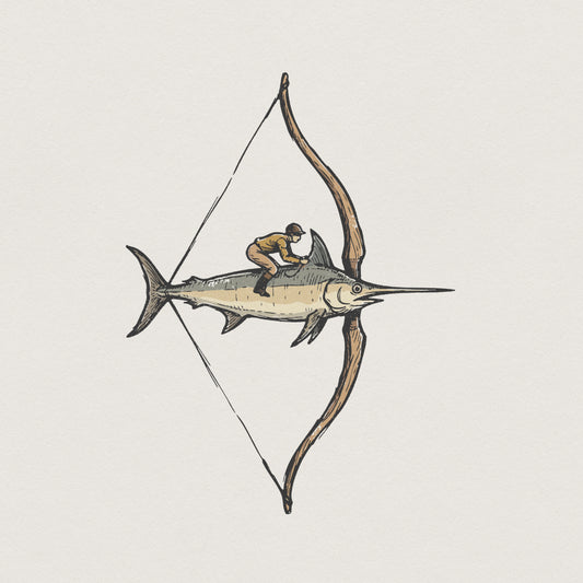 Surreal Swordfish Rider PNG, Fantasy Bow and Arrow Art - 300 DPI Design