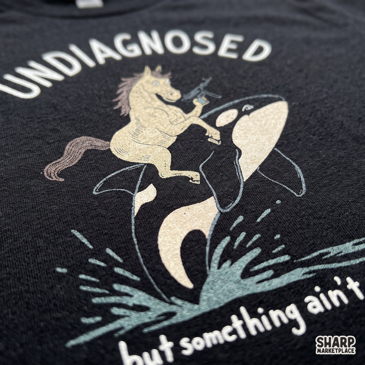 Sarcastic weirdcore meme digital PNG featuring a funny horse riding orca with a gun for t-shirt design
