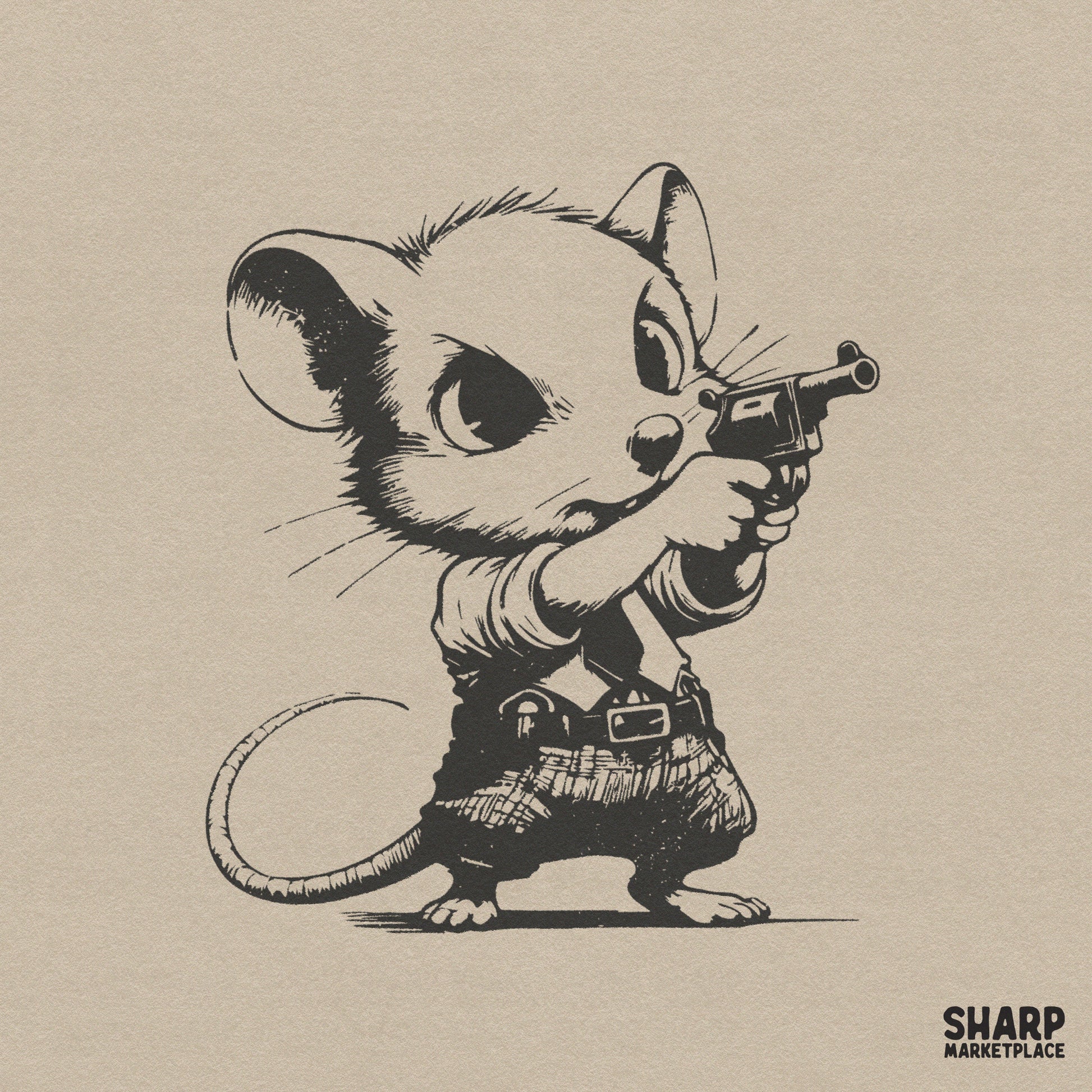 Retro western outlaw rodent drawing with a tiny revolver for funny cowboy apparel and sarcastic animal meme stickers