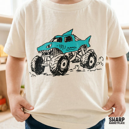 Energetic shark monster truck illustration with a hand-drawn aesthetic, suitable for sublimation transfers, tumblers, and creative racing-themed gifts.