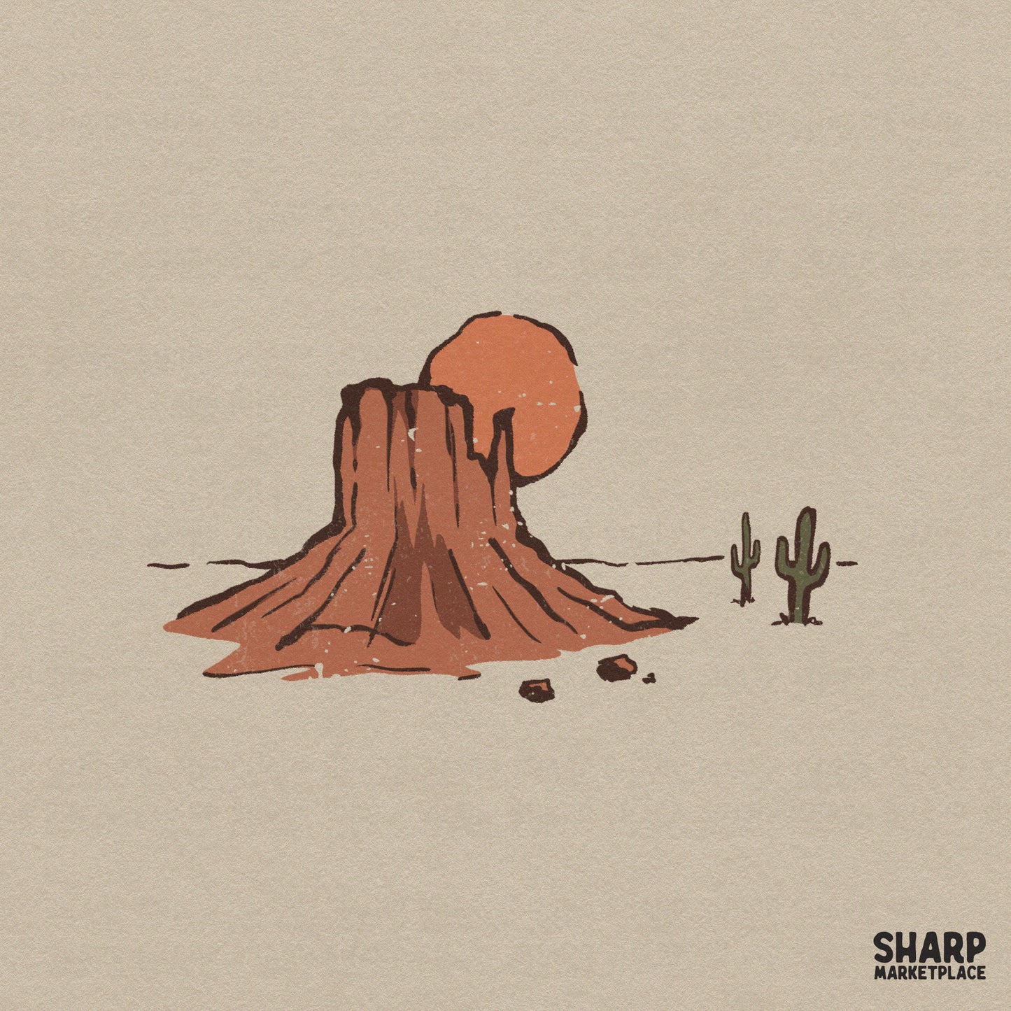 Minimalist desert mesa illustration featuring a large orange sun, terracotta rock formation, and sage green cacti in a retro hand-drawn style.