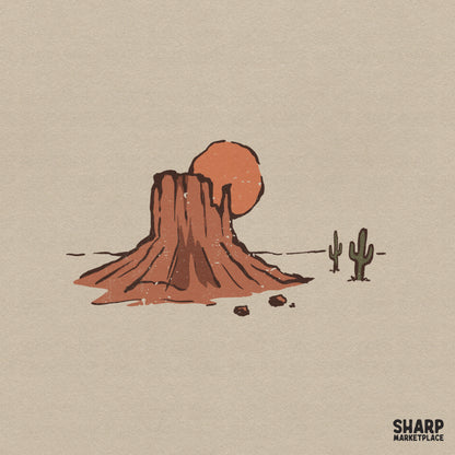 Minimalist desert mesa illustration featuring a large orange sun, terracotta rock formation, and sage green cacti in a retro hand-drawn style.