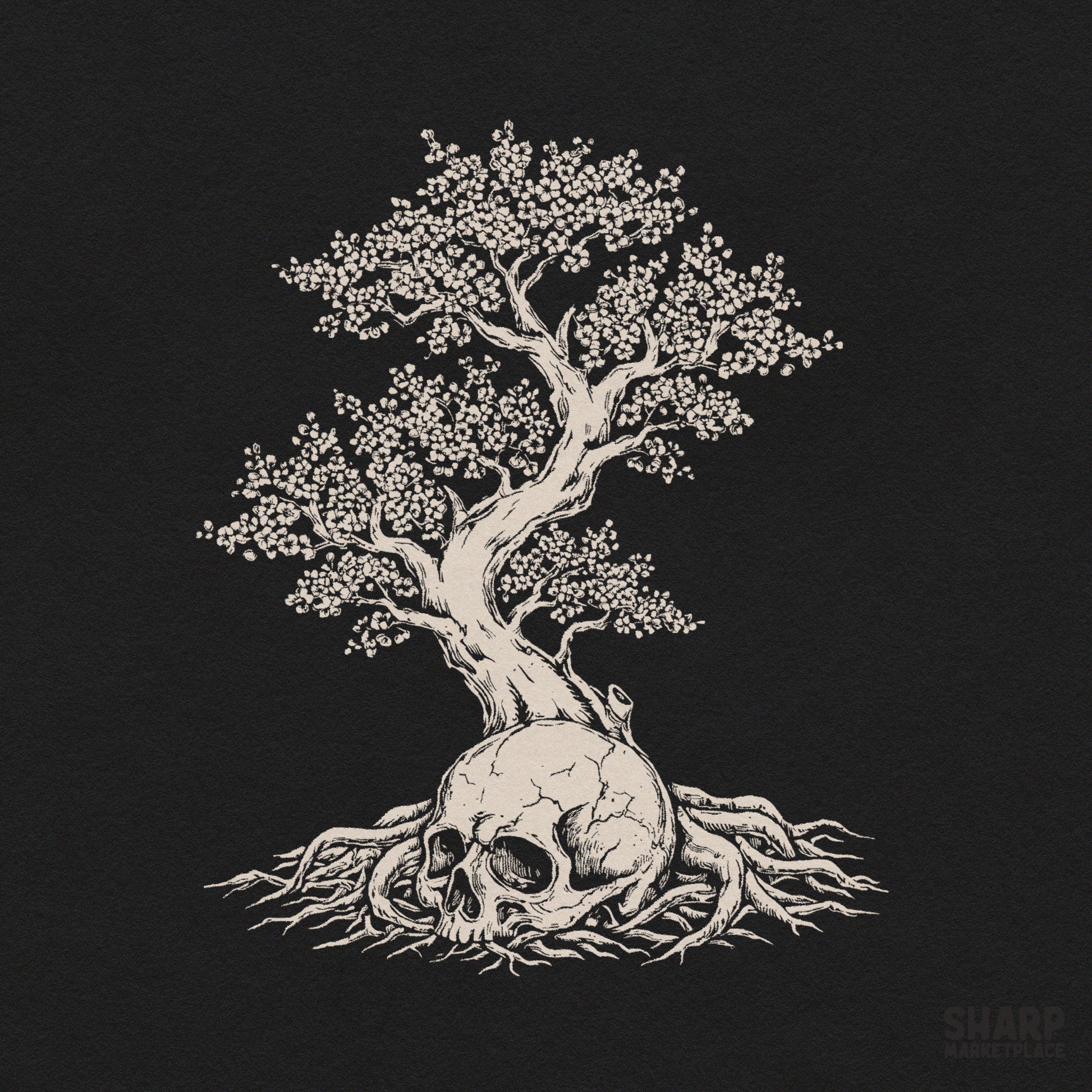 Vintage blossom tree growing from a horror skull gothic shirt sublimation PNG design for halloween t-shirts