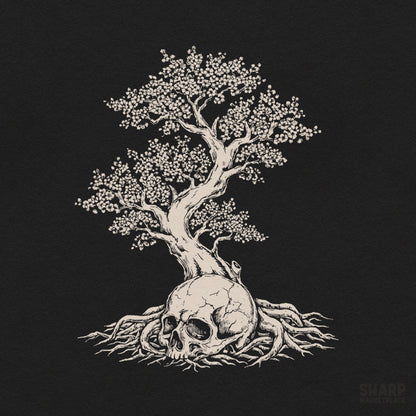 Vintage blossom tree growing from a horror skull gothic shirt sublimation PNG design for halloween t-shirts
