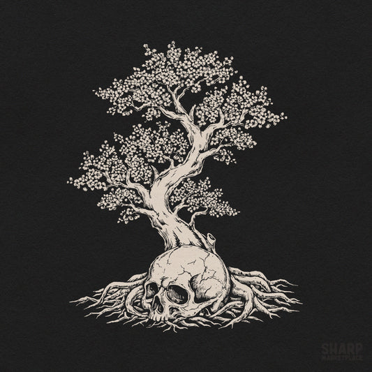 Vintage blossom tree growing from a horror skull gothic shirt sublimation PNG design for halloween t-shirts