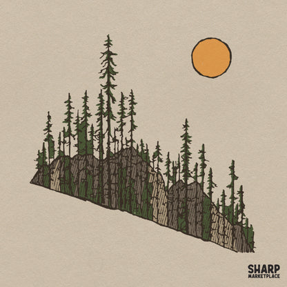 Retro wilderness pine forest on a rocky cliff edge sublimation PNG design perfect for camping t-shirts and nature shirts