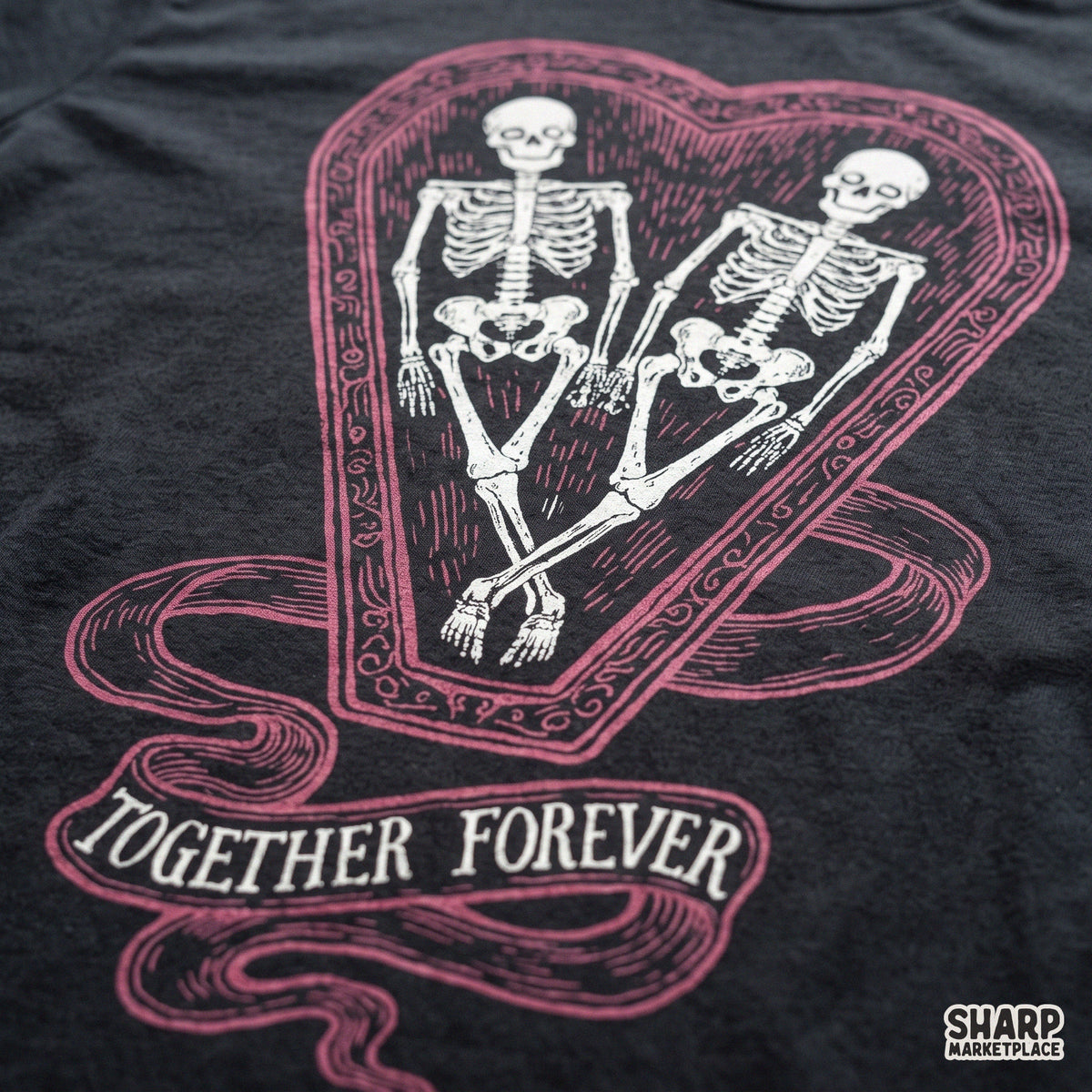Gothic skeleton couple in a heart coffin design for Valentine PNG print on demand apparel and crafts