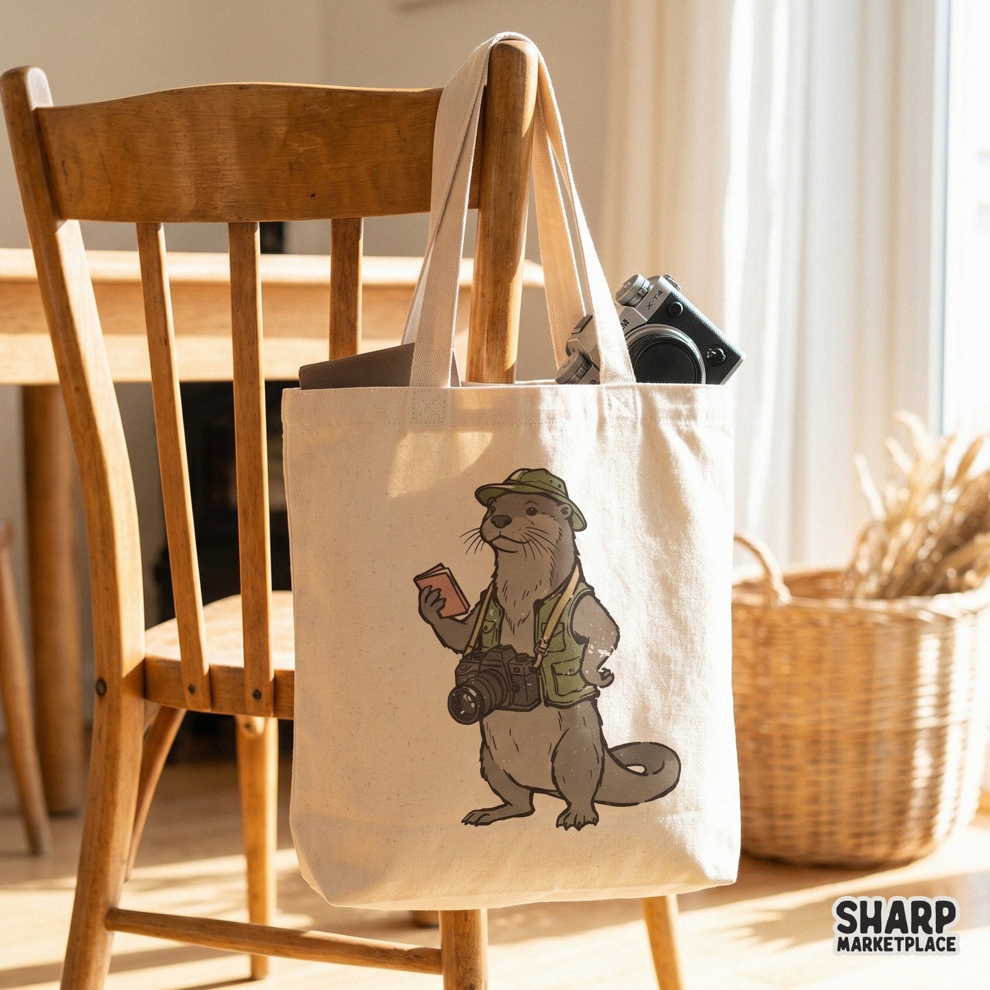 Whimsical otter photographer graphic with a camera and journal, ideal for sublimation printing on tumblers, shirts, or DIY wildlife gifts.
