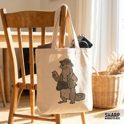 Whimsical otter photographer graphic with a camera and journal, ideal for sublimation printing on tumblers, shirts, or DIY wildlife gifts.