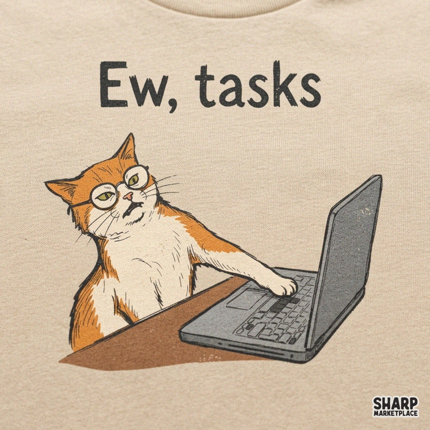 Funny orange cat with glasses typing on laptop with Ew Tasks text sarcastic png design for office humor t-shirts
