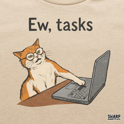 Funny orange cat with glasses typing on laptop with Ew Tasks text sarcastic png design for office humor t-shirts