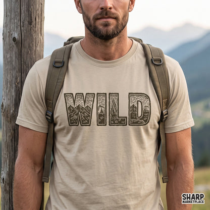 Retro outdoor mountain scene graphic for fall t-shirts, camping PNG design for wilderness adventure lovers