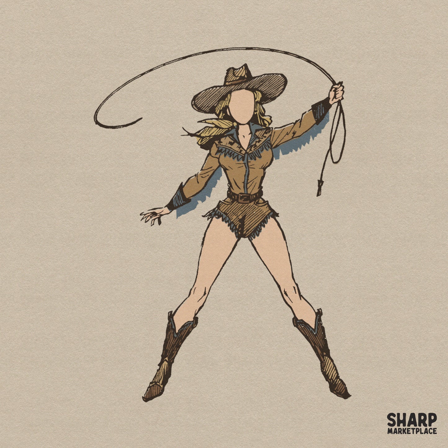 Faceless cowgirl swinging a lasso in a trendy western graphic tee design for retro country music sublimation