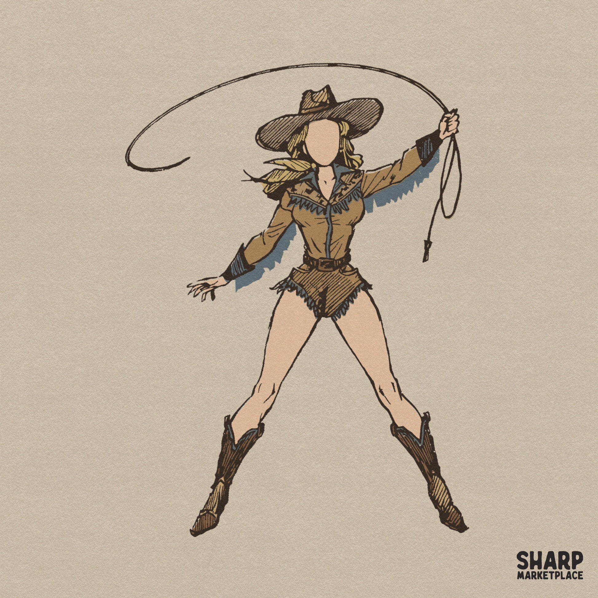 Faceless cowgirl swinging a lasso in a trendy western graphic tee design for retro country music sublimation