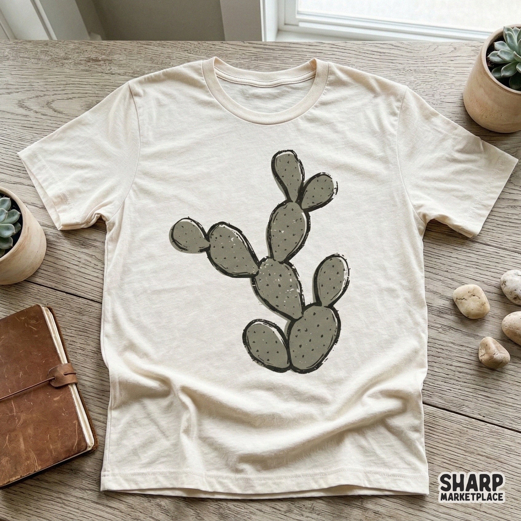 Minimalist desert cactus graphic printed on a beige t-shirt, featuring a trendy hand-sketched botanical style for western apparel.