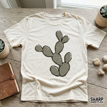 Minimalist desert cactus graphic printed on a beige t-shirt, featuring a trendy hand-sketched botanical style for western apparel.
