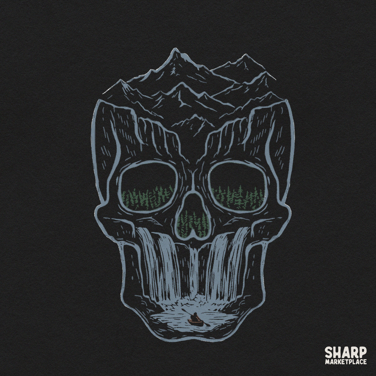 Optical illusion mountain skull waterfall with forest eyes PNG graphic for Halloween t-shirts and sublimation transfers
