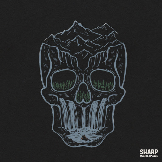 Optical illusion mountain skull waterfall with forest eyes PNG graphic for Halloween t-shirts and sublimation transfers