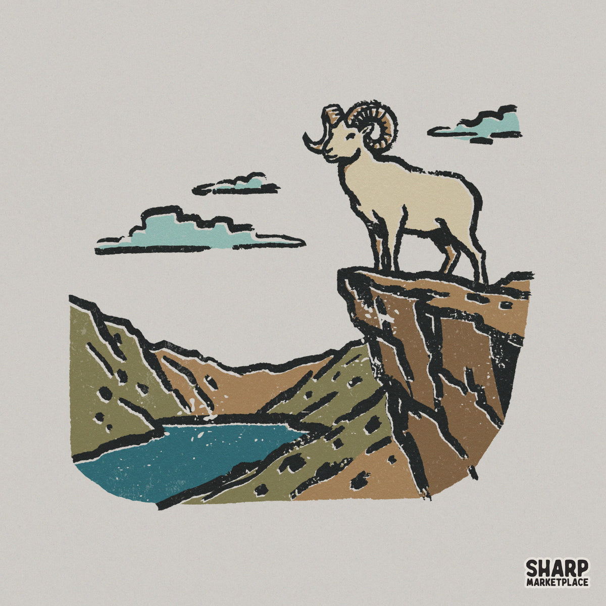 Rustic mountain goat standing on a rocky cliff overlooking an alpine lake, featuring a vintage distressed texture in sage, tan, and slate blue.