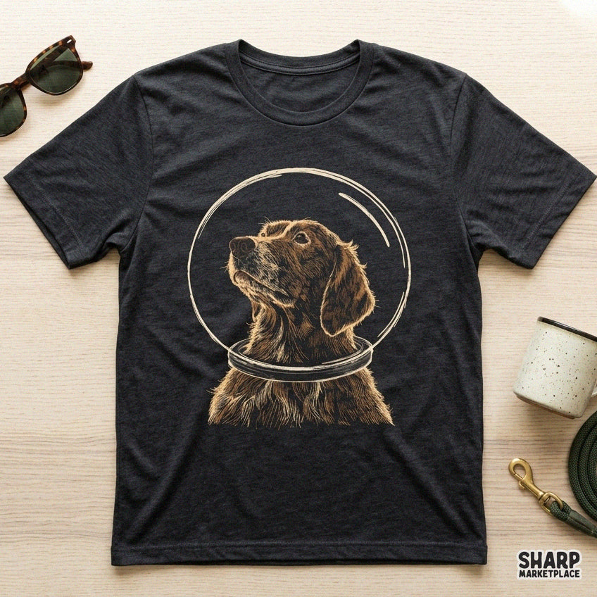 Funny golden retriever astronaut floating in a retro galaxy space scene, ideal sublimation design for dog moms and kids
