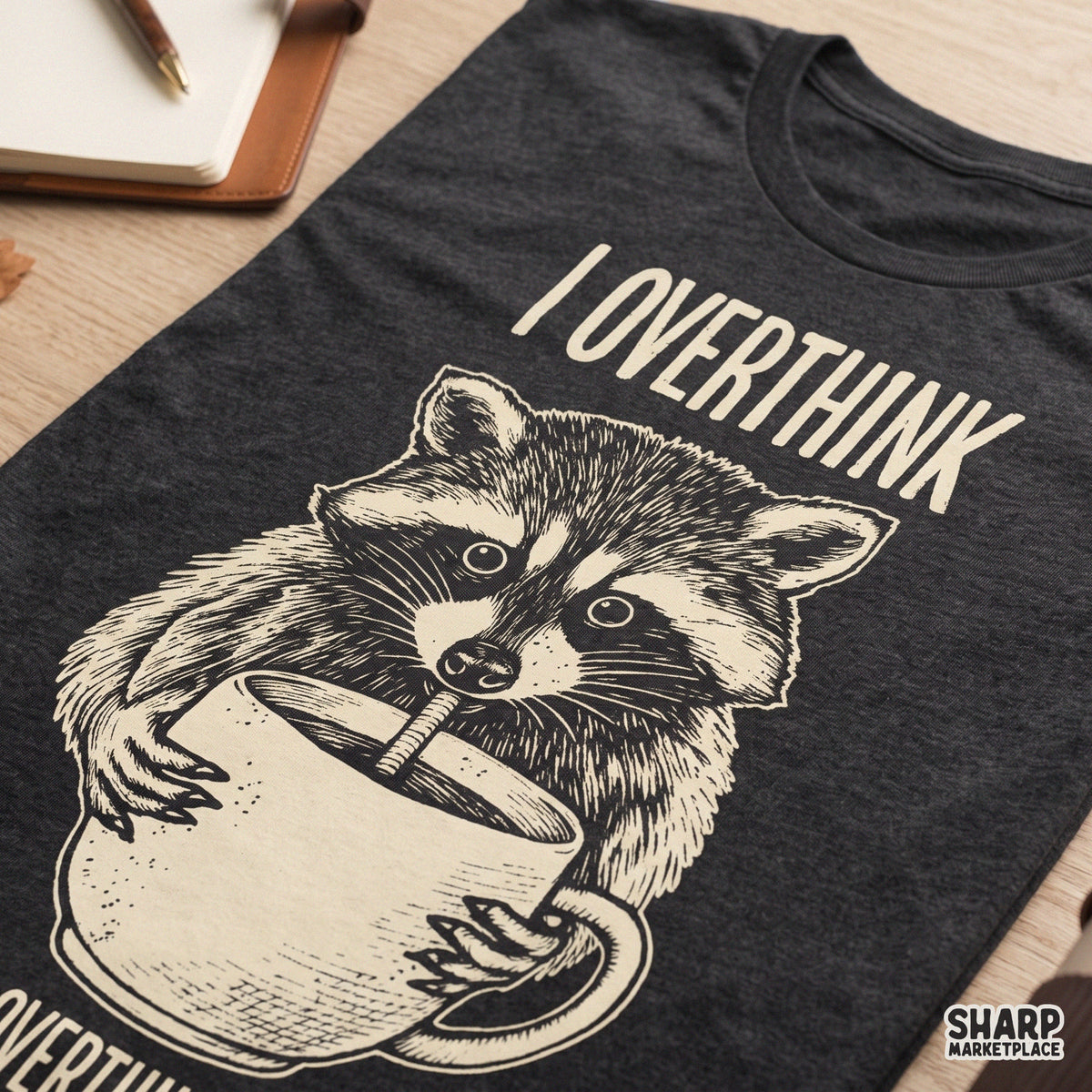 Funny raccoon drinking coffee with I Overthink text for sarcastic sublimation shirt and mug design