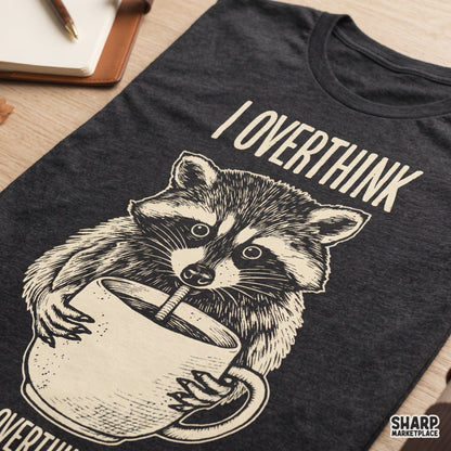 Funny raccoon drinking coffee with I Overthink text for sarcastic sublimation shirt and mug design