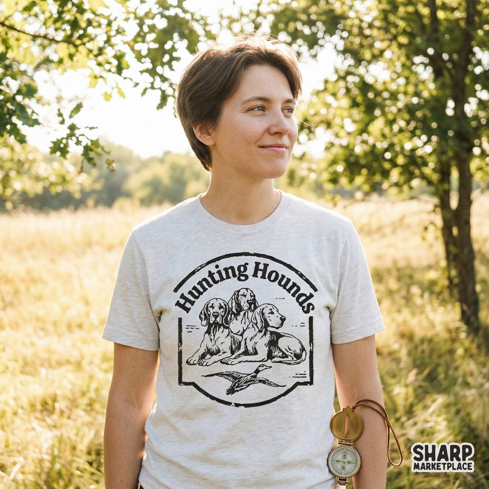 Detailed Hunting Hounds illustration with a classic western badge style, suitable for high-quality printable wall art or custom apparel transfers.