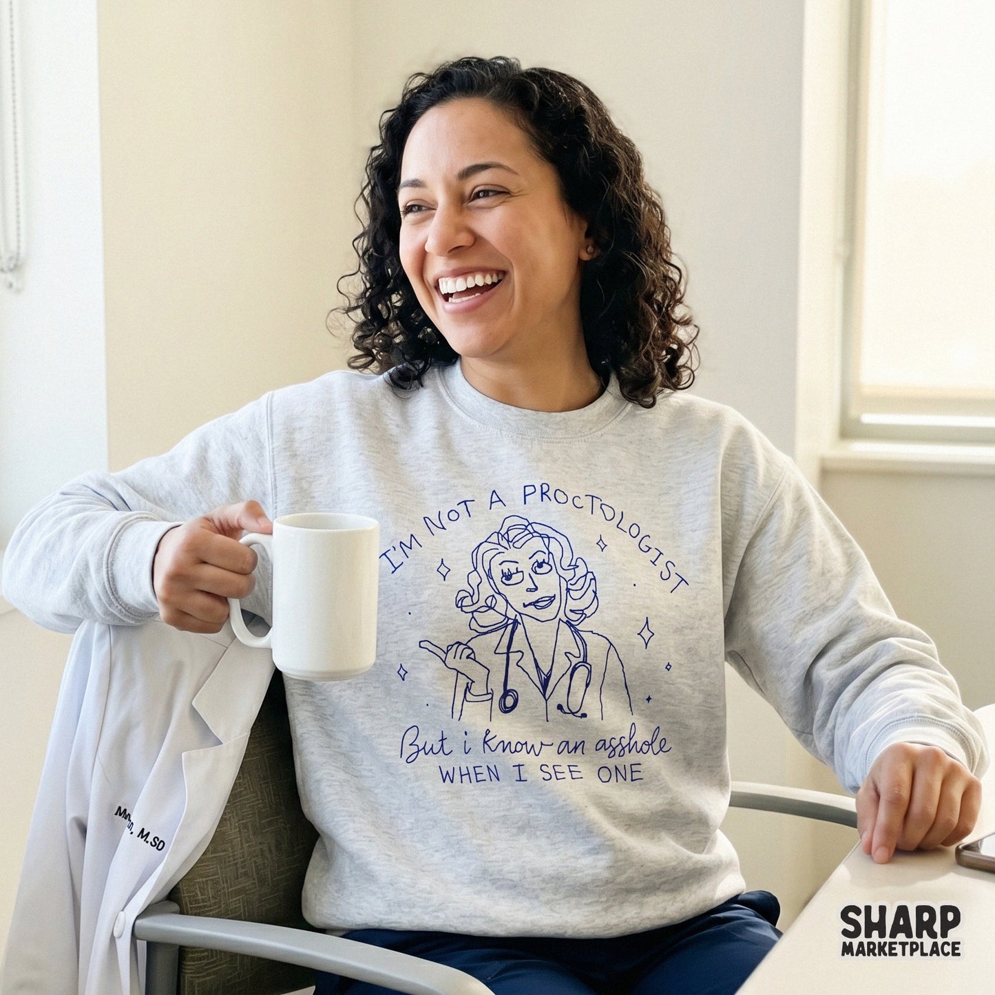 Blue line art digital graphic of a healthcare worker with star accents, perfect for sublimation, custom t-shirt printing, or funny medical-themed stickers.