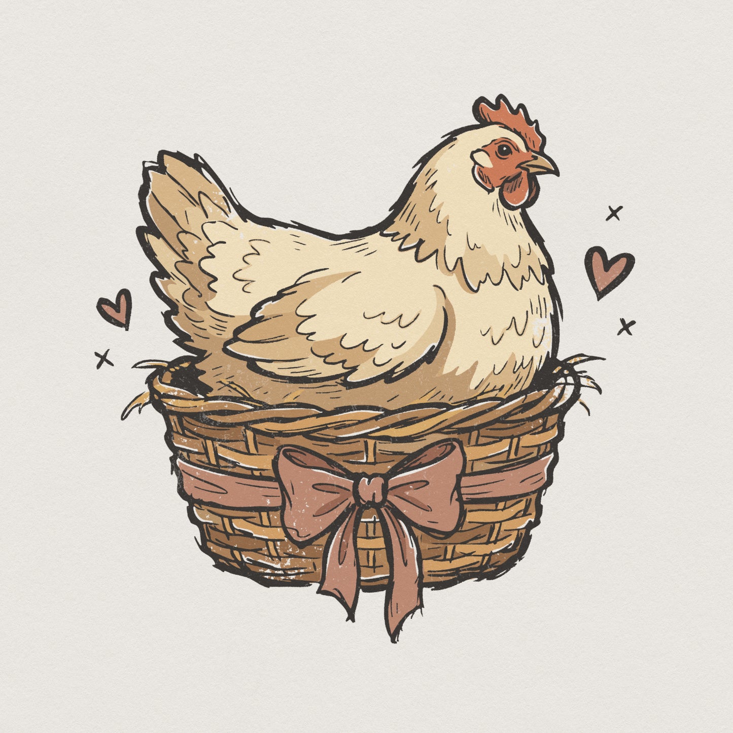 Hand-drawn rustic hen sitting in a woven wicker basket with a pink bow and heart accents, perfect for farmhouse sublimation and apparel designs.