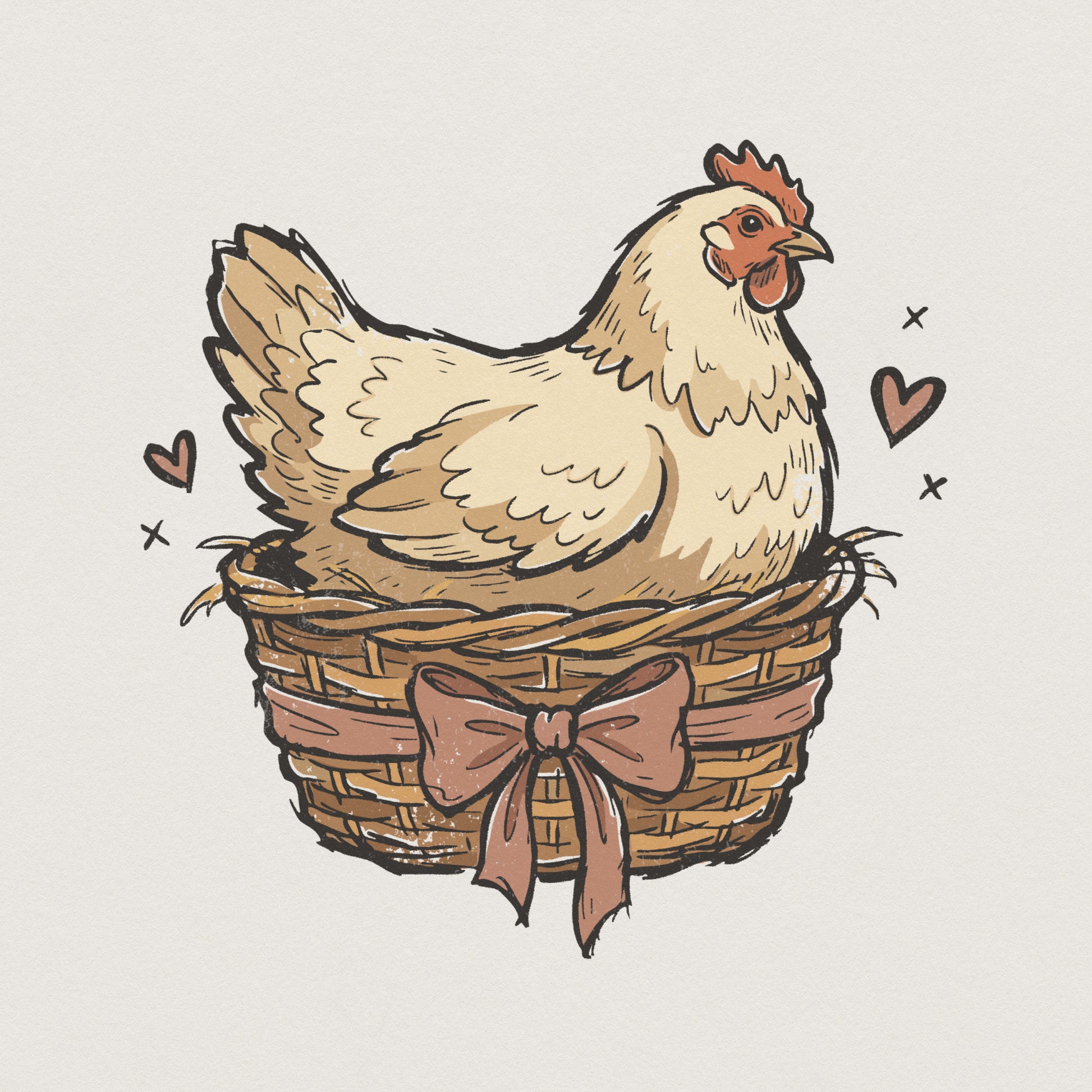 Hand-drawn rustic hen sitting in a woven wicker basket with a pink bow and heart accents, perfect for farmhouse sublimation and apparel designs.