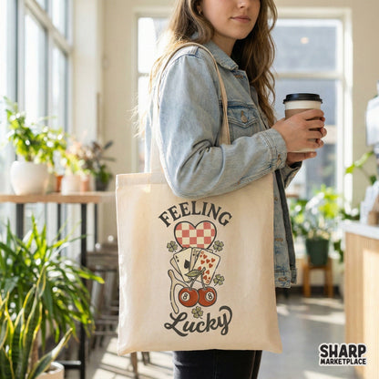 Distressed Feeling Lucky PNG design with a checkered heart, playing cards, and cherries, perfect for custom St. Patrick's Day shirts or Vegas apparel.