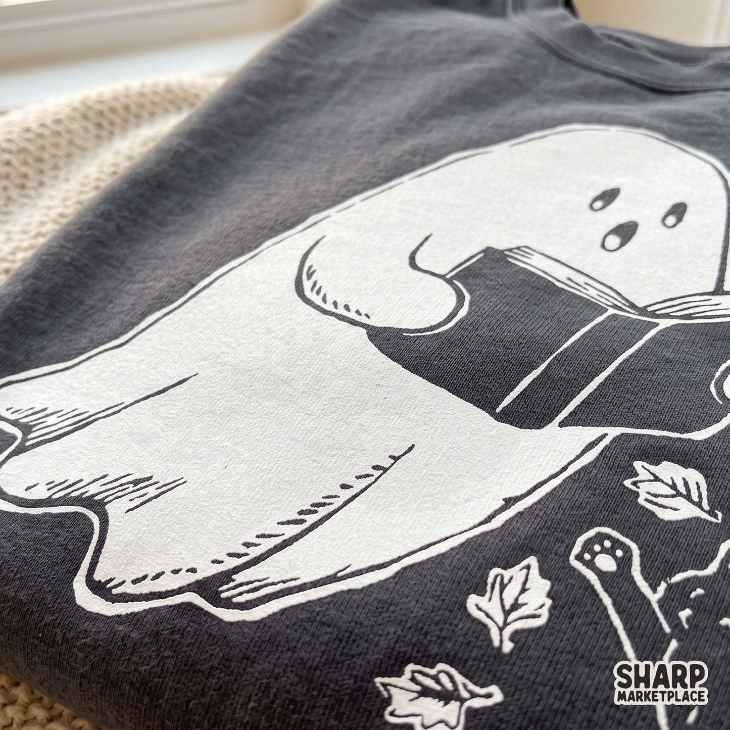 Cute ghost reading a book with a black cat sublimation fall PNG for Halloween shirts